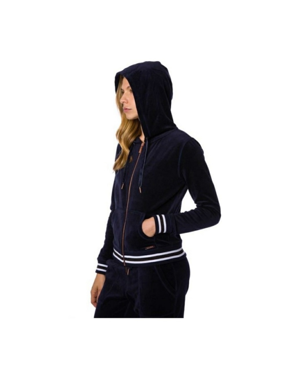 Betsey Johnson Navy Velour Zip Hoodie with Rose Gold Trim